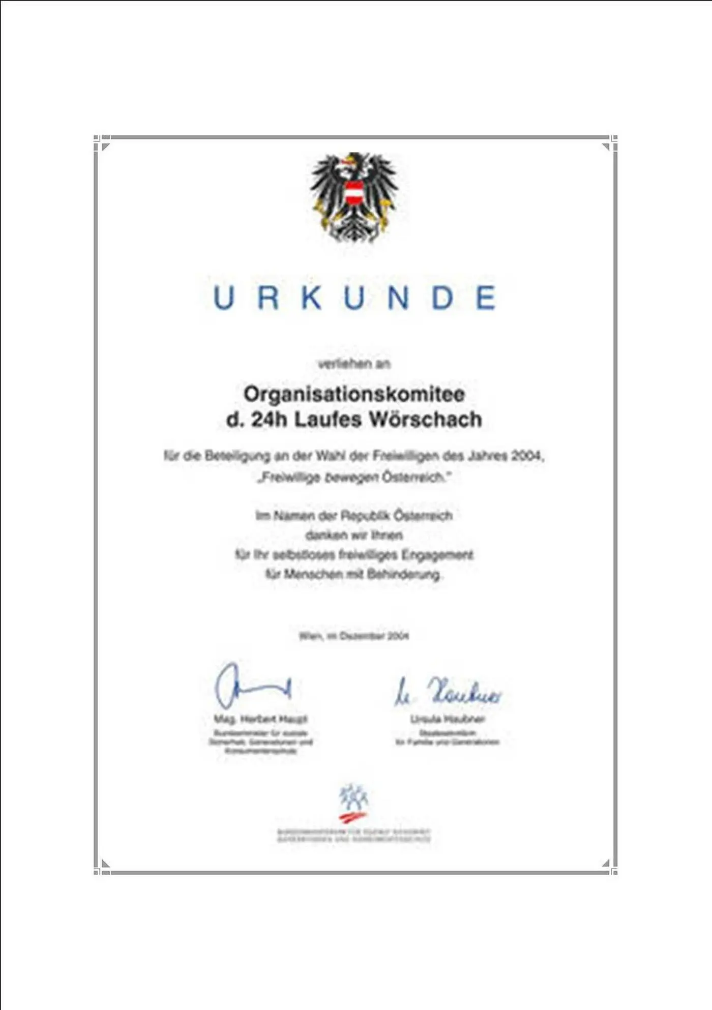 URKUNDE Organisationskomiteo d. 24h Laufes Wörschach