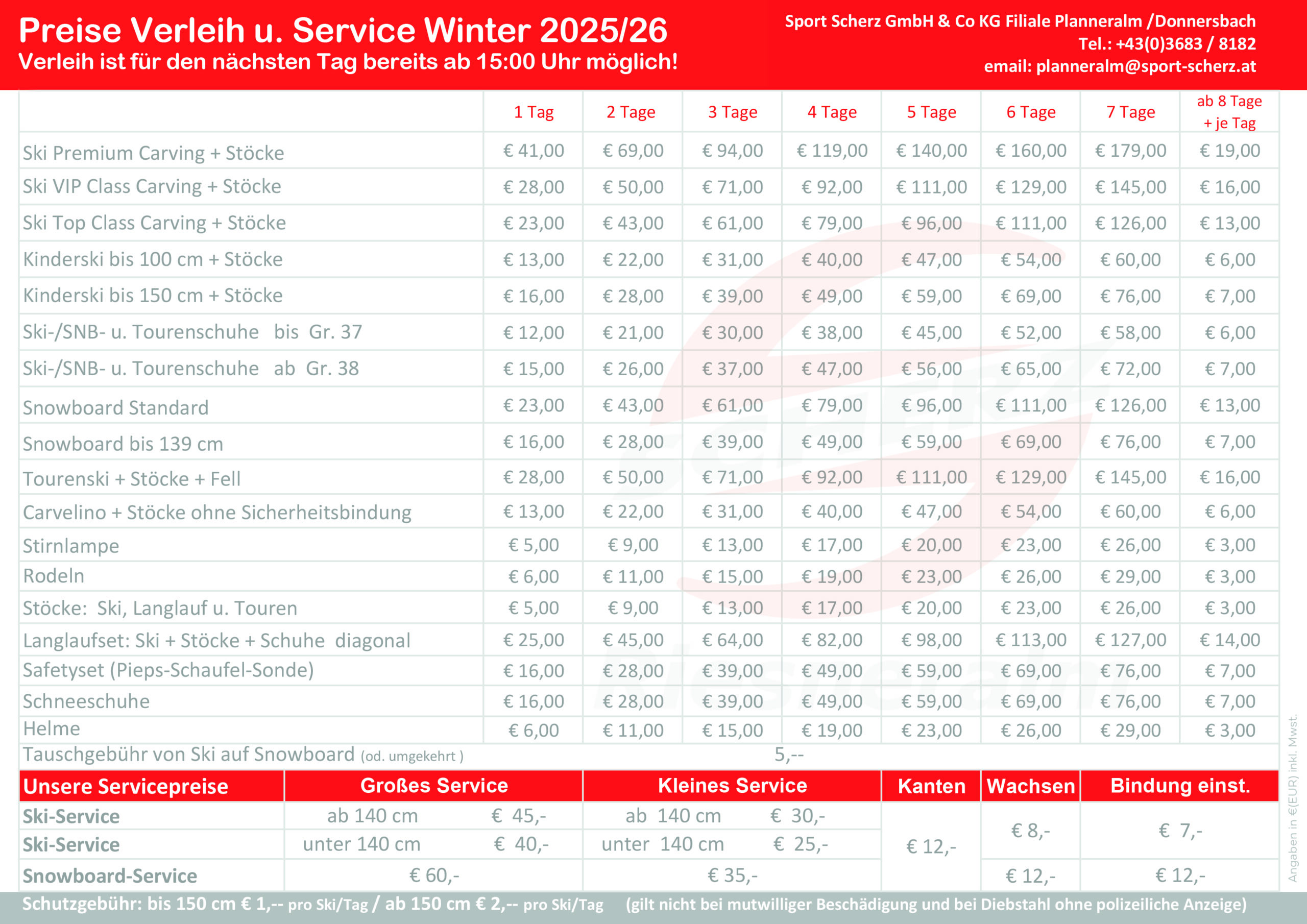 Preisliste Verleih u. Service Winter 2025 2026 Sport Scherz Planneralm
