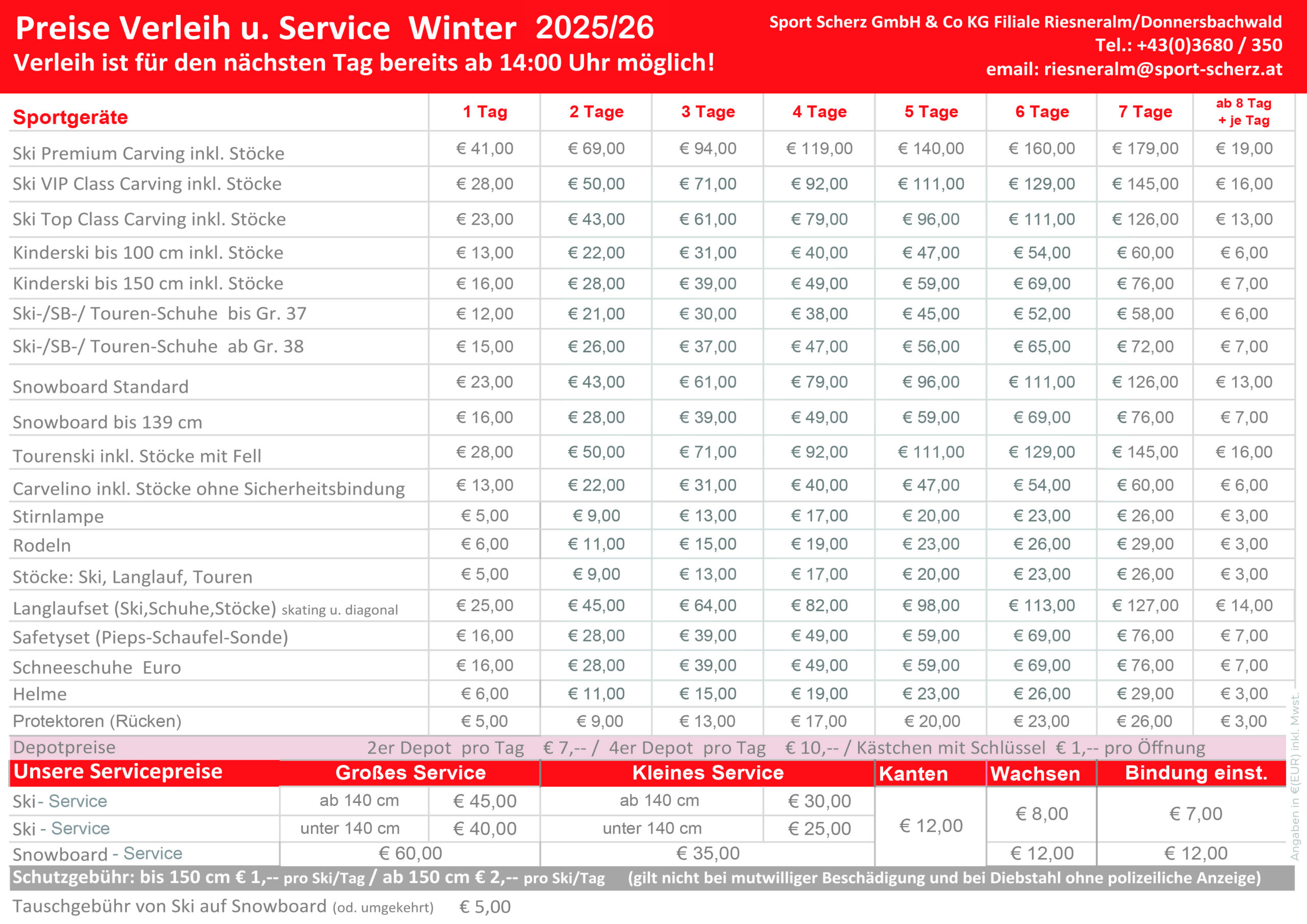 Preisliste Verleih u. Service 2025 2026 Sport Scherz Riesneralm